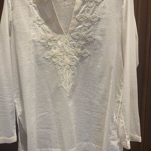 J. Crew White V-Neck 3/4 Sleeve Embellished Blouse